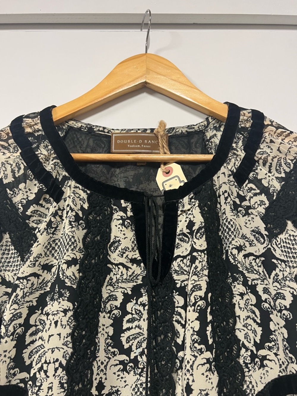 New - Double D Ranch Boho Western Dress in Black & Cream with Lace Tassel Tie - Picture 8 of 10